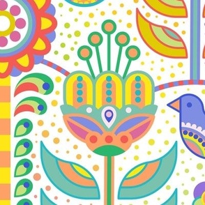 Fiesta- Garden Party- Maximalist Folk Art Jumbo- Multicolored White Background Wallpaper- Geometric Scandinavian- Mexican- Folklore- Flowers- Birds- Tree of Life
