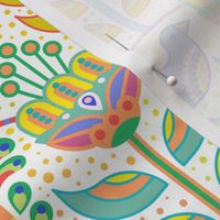 Fiesta- Garden Party- Maximalist Folk Art Medium- Multicolored White Background Wallpaper- Geometric Scandinavian- Mexican- Folklore- Flowers- Birds- Tree of Life