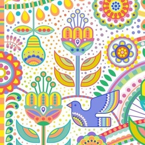 Fiesta- Garden Party- Maximalist Folk Art Medium- Multicolored White Background Wallpaper- Geometric Scandinavian- Mexican- Folklore- Flowers- Birds- Tree of Life