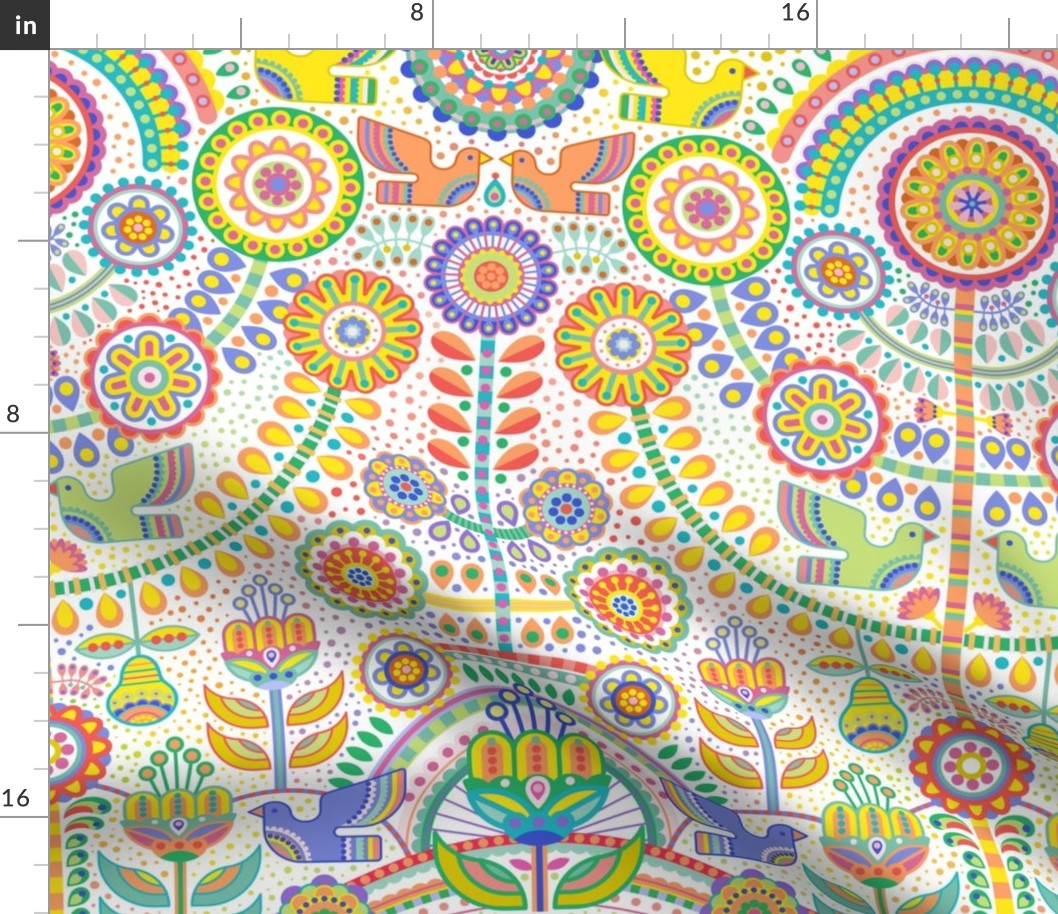 Fiesta- Garden Party- Maximalist Folk Art Medium- Multicolored White Background Wallpaper- Geometric Scandinavian- Mexican- Folklore- Flowers- Birds- Tree of Life