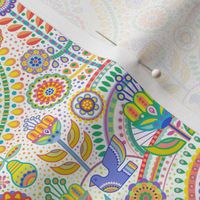 Fiesta- Garden Party- Maximalist Folk Art Mini- Multicolored White Background Wallpaper- Geometric Scandinavian- Mexican- Folklore- Flowers- Birds- Tree of Life