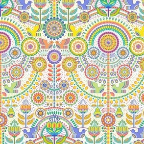 Fiesta- Garden Party- Maximalist Folk Art Mini- Multicolored White Background Wallpaper- Geometric Scandinavian- Mexican- Folklore- Flowers- Birds- Tree of Life