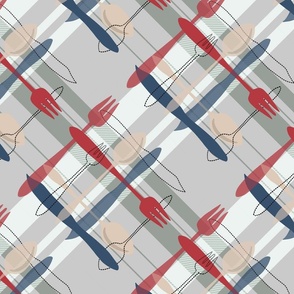 kitchen plaid with spoons, knives and forks 
