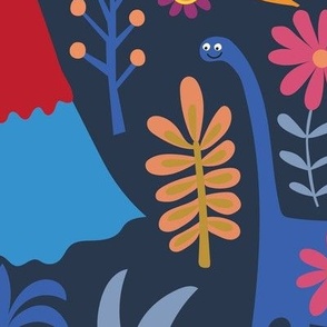 Peace Love and Dinosaurs - blue and pink on navy - large scale