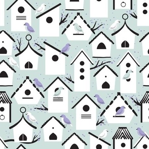 birds and white birdhouses | cotton candy collection