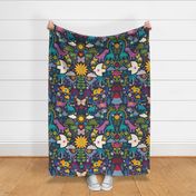 Peace, Love and Dinosaurs - teal, yellow and mauve on navy - large scale