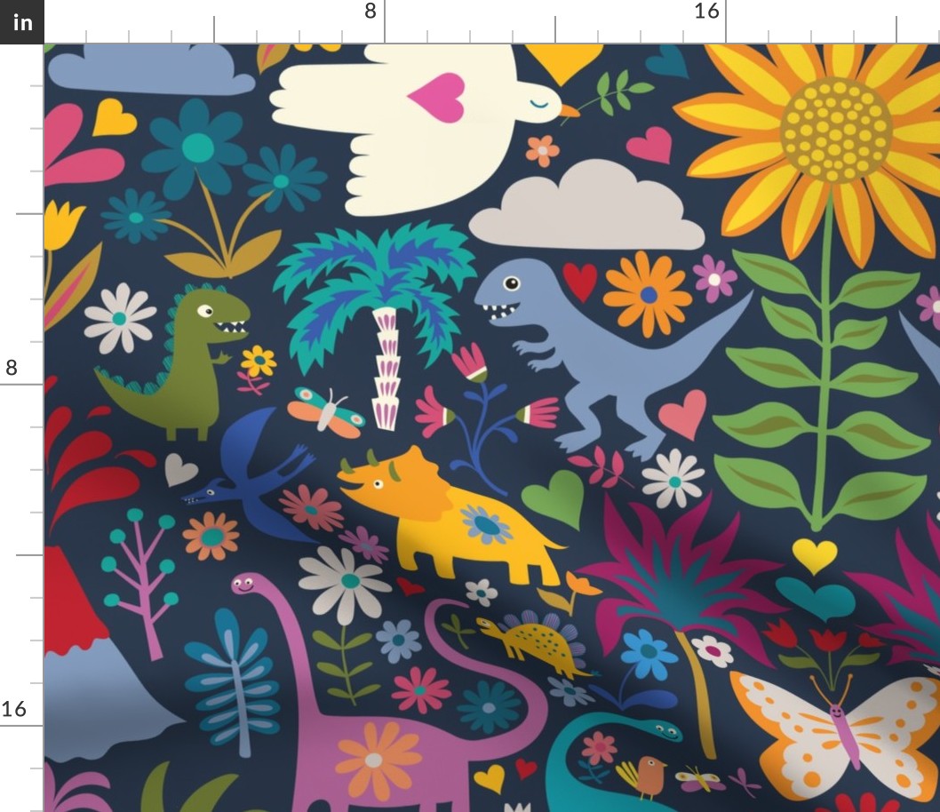 Peace, Love and Dinosaurs - teal, yellow and mauve on navy - large scale