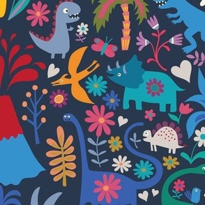 Peace Love and Dinosaurs - blue and pink on navy - medium scale