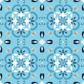 (M) ornament on Greek sea blue with white, black, dark blue, honey yellow