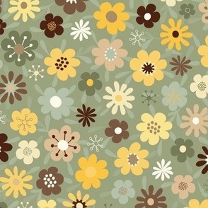 Boho Floral yellow-coffeebrown-green on a sage background 