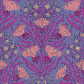 MEDIUM thistle - dandelion  |  pink on moody purple   | flowering weed 