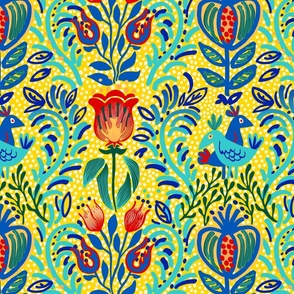 Slavic folk birds and tulips yellow blue (Ukrainian colors)