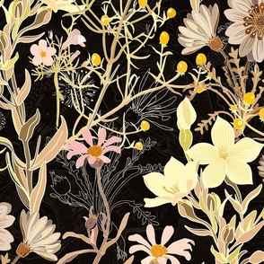 Wilderness of wonderful flowers in coffee colours. Black background Lain Snow small