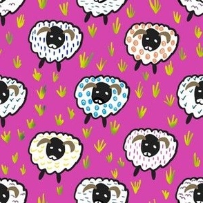 Doodled little sheep on bright pink background with grass