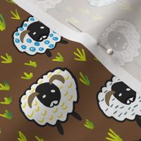 Doodled whimsical sheep on brown background with grass