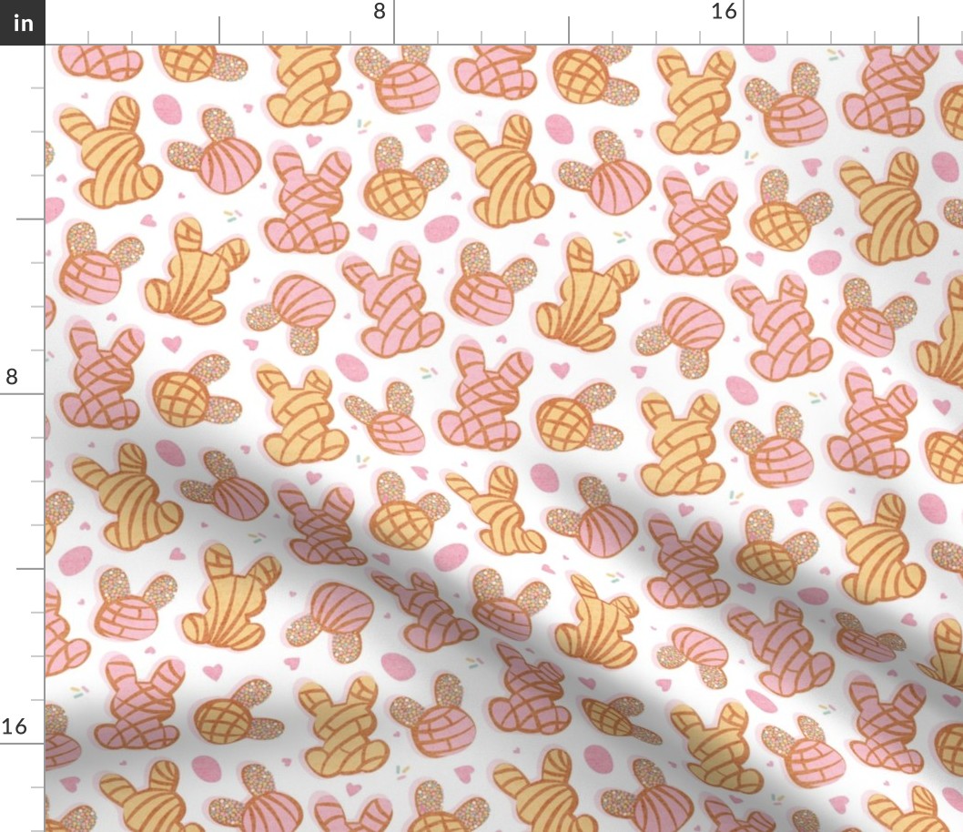 Small scale // Hippity hoppity Easter Mexican bunny conchas on it’s way! // white background pink and yellow pan dulce 
