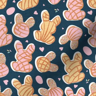 Small scale // Hippity hoppity Easter Mexican bunny conchas on it’s way! // nile blue background pink and yellow pan dulce 