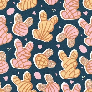 Small scale // Hippity hoppity Easter Mexican bunny conchas on it’s way! // nile blue background pink and yellow pan dulce 