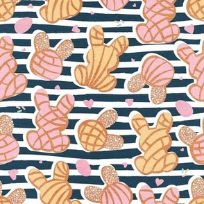 Small scale // Hippity hoppity Easter Mexican bunny conchas on it’s way! // nile blue stripes background pink and yellow pan dulce 