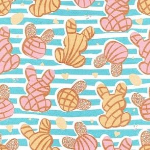 Small scale // Hippity hoppity Easter Mexican bunny conchas on it’s way! // seagull blue stripes background pink and yellow pan dulce 