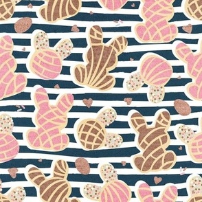 Small scale // Hippity hoppity Easter Mexican bunny conchas on it’s way! // nile blue stripes background pink and brown pan dulce 