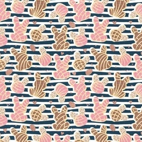 Tiny scale // Hippity hoppity Easter Mexican bunny conchas on it’s way! // nile blue stripes background pink and brown pan dulce 