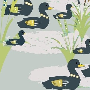 The Paddling of deco Ducks - 1940's -  © 2022 Vanessa Peutherer- Deco Ducks Greys, Dark Shadow Blue, Gold, Sage Green - Medium Scale