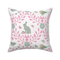 Maximalist Folk Art Damask - pink and green Birds, Butterflies, Bunnies, and Blooms  