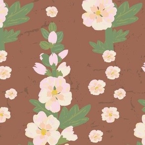 Vintage Style Hollyhocks on brown (large) - browns, cream and pinks in this retro inspired floral.