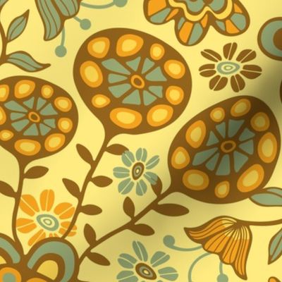 Garden Wild Boho Floral Botanical in Sage Green, Coffee Brown, Yellow and Orange on Light Yellow - MEDIUM Scale - UnBlink Studio by Jackie Tahara