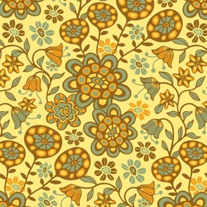 Garden Wild Boho Floral Botanical in Sage Green, Coffee Brown, Yellow and Orange on Light Yellow - MEDIUM Scale - UnBlink Studio by Jackie Tahara