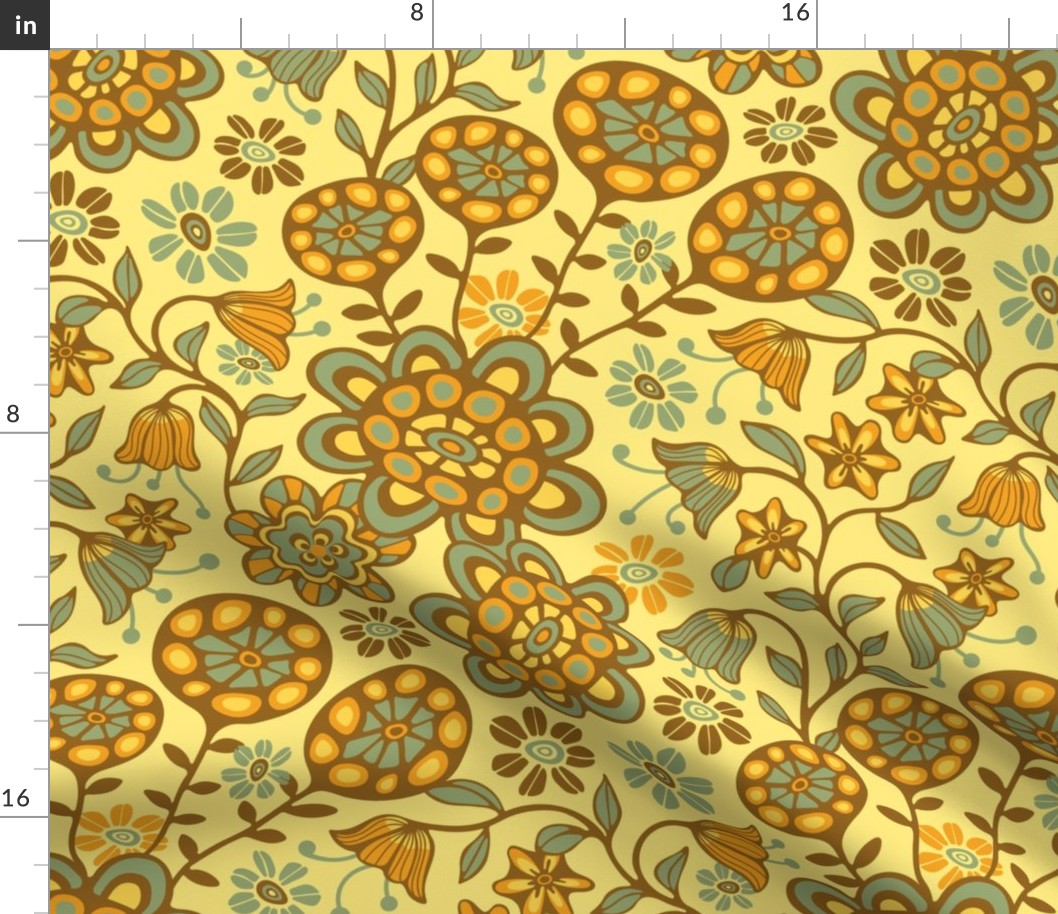 Garden Wild Boho Floral Botanical in Sage Green, Coffee Brown, Yellow and Orange on Light Yellow - MEDIUM Scale - UnBlink Studio by Jackie Tahara