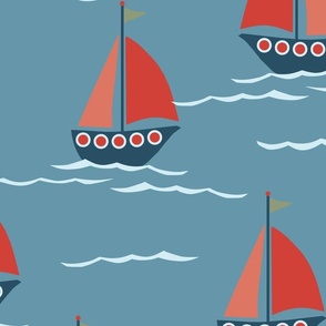 031 - Large/jumbo  scale red Sailboats in Stormy seas ~ In red orange and teal, for kids apparel, nursery decor, summer houses, coastal houses, summer time