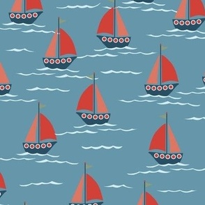 031 - Medium scale red Sailboats in Stormy seas ~ In red orange and teal, for kids apparel, nursery decor, summer houses, coastal houses, summer time