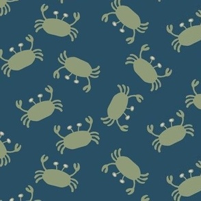 026 - $ Small scale crabs in deep teal and leafy green - for wallpaper, kids apparel, bathroom linen, pet accessories  and crafts