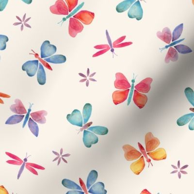 310 $ - Medium scale watercolor Butterflies and dragonflies among purple daisies - for kids dresses, nursery decor, nature crafts, children Bedlinen, cot sheets