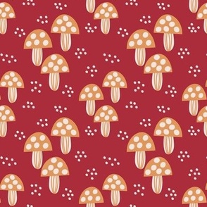 366 - Small scale Magical spotty minimalistic mushrooms in berry red, taupe and cream - for kids apparel and decor