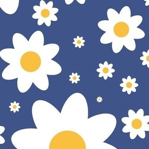 Retro inspired blue, yellow and white minimalist floral, large scale for curtains, cotton duvet covers, sheet sets, summer table linen and flamboyant summer skirts