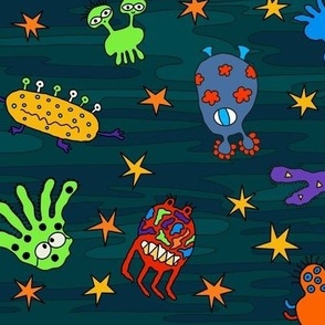 Little monsters among the stars - Outer Space friendly aliens in bold primary colours, for kids apparel, home decor and bed linen, duvet covers and curtains.