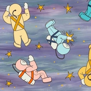 candy astronauts flying through a watercolour lavender sky with golden stars - for kids decor, kids pjs, kids accesories