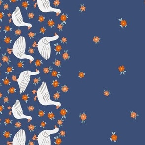 306 - border print Medium scale border print of geese amongst orange flowers on a denim blue background, for kids apparel, party dress, Sunday best, kids decor, kitchen linen, table linen, tea towels, play mats, Pet accessories, tote bags and more