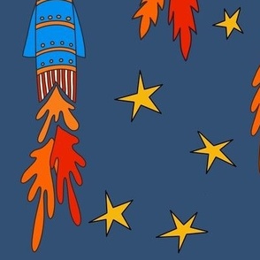 Rocket space ships flying to the stars all in line - jumbo scale for wallpaper, bed linen, nursery curtains, baby accessories