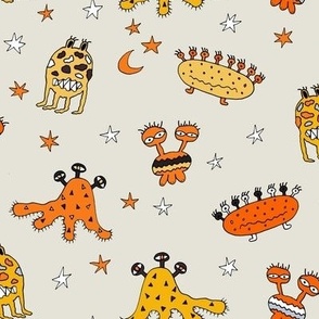 Outer Space friendly monster aliens in bold zesty orange and yellow, for kids apparel, home decor and bed linen, duvet covers, children's wallpaper and curtains.