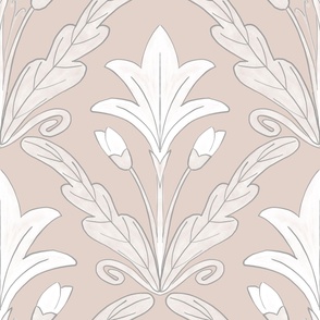 Regency style diamond damask  with lilies and foliage in tones of soft taupe and cream- for grasscloth wallpaper, girls dresses, feminine duvet covers and romantic sheets, pjs and apparel. 
