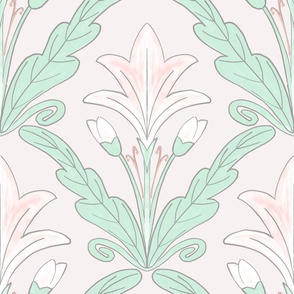 Regency style diamond damask  with cream lilies and soft green foliage - for grasscloth wallpaper, girls dresses, feminine duvet covers and romantic sheets, pjs and apparel. 