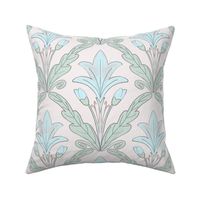 Regency style diamond damask  with turquoise lilies and soft green foliage - for grasscloth wallpaper, girls dresses, feminine duvet covers and romantic sheets, pjs and apparel. 