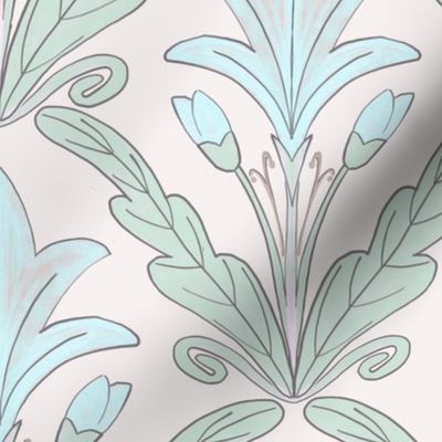 Regency style diamond damask  with turquoise lilies and soft green foliage - for grasscloth wallpaper, girls dresses, feminine duvet covers and romantic sheets, pjs and apparel. 