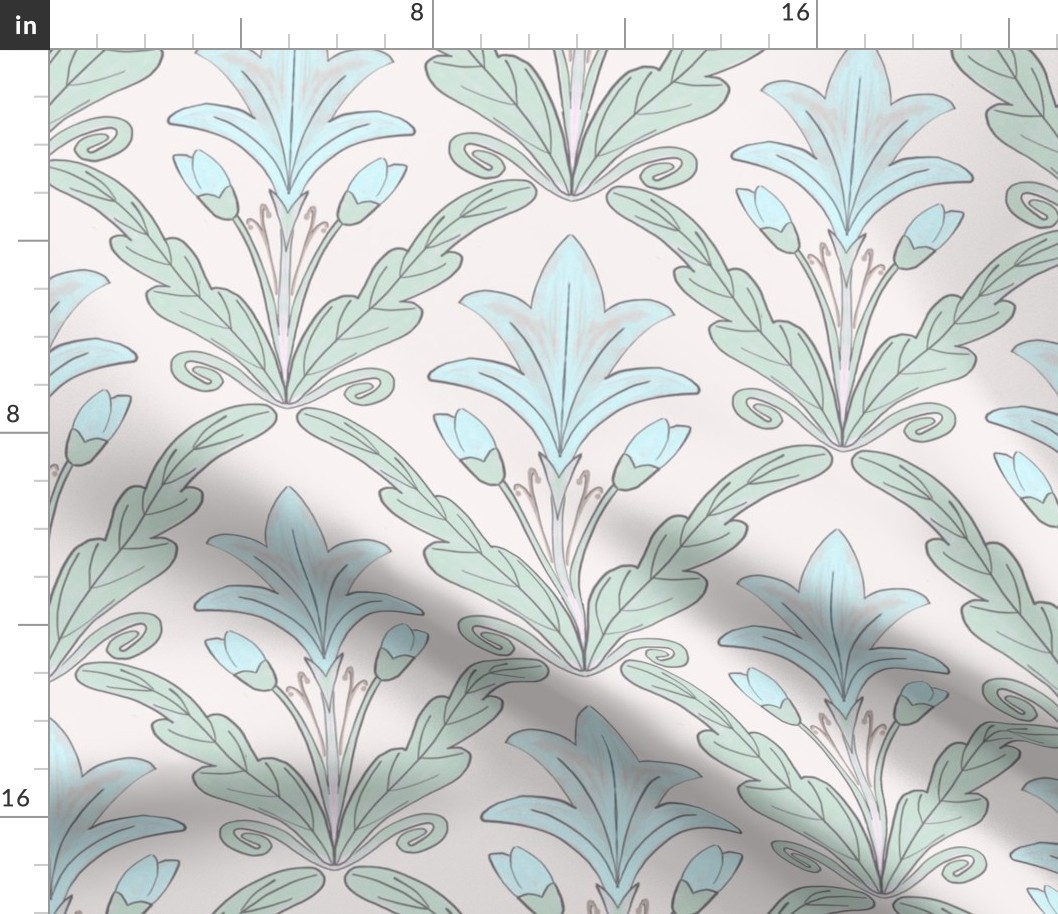 Regency style diamond damask  with turquoise lilies and soft green foliage - for grasscloth wallpaper, girls dresses, feminine duvet covers and romantic sheets, pjs and apparel. 