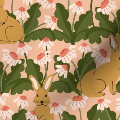 Rabbits In The Garden XLg | Peach Flowers 