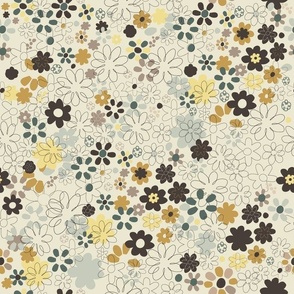 Dainty Boho Flowers in Pale Yellow, Mint Green and Brown on a Cream Background